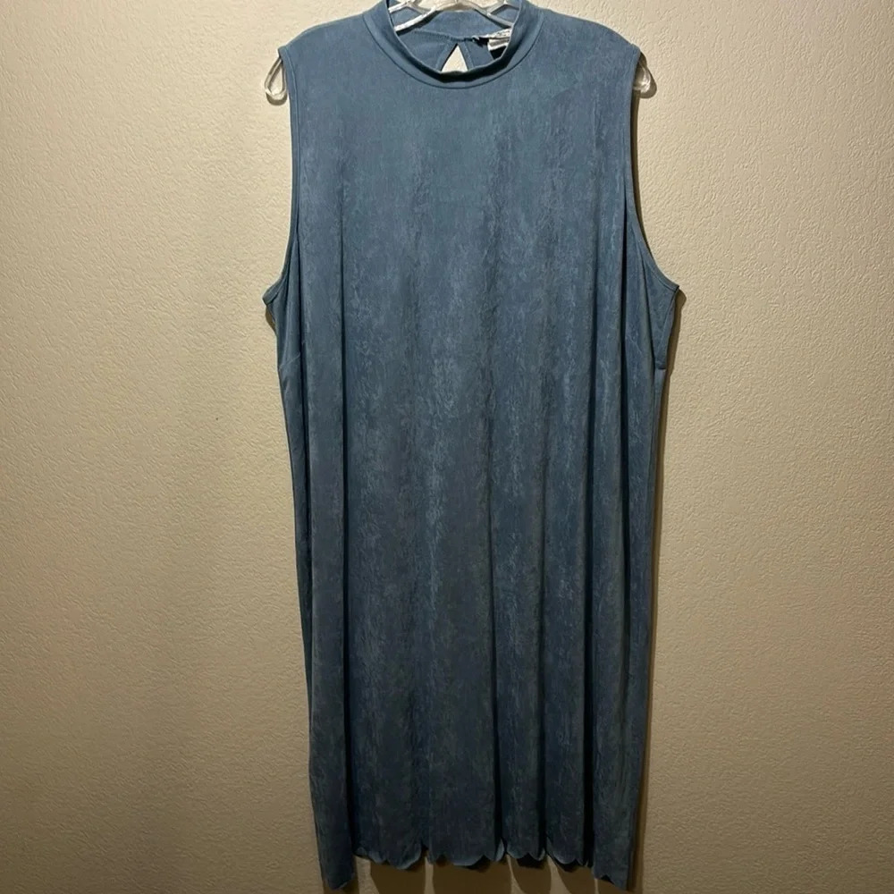 Dusty Blue Mock Neck, Scalloped, Suede, Midi Dress size 3X - Picture 1 of 11